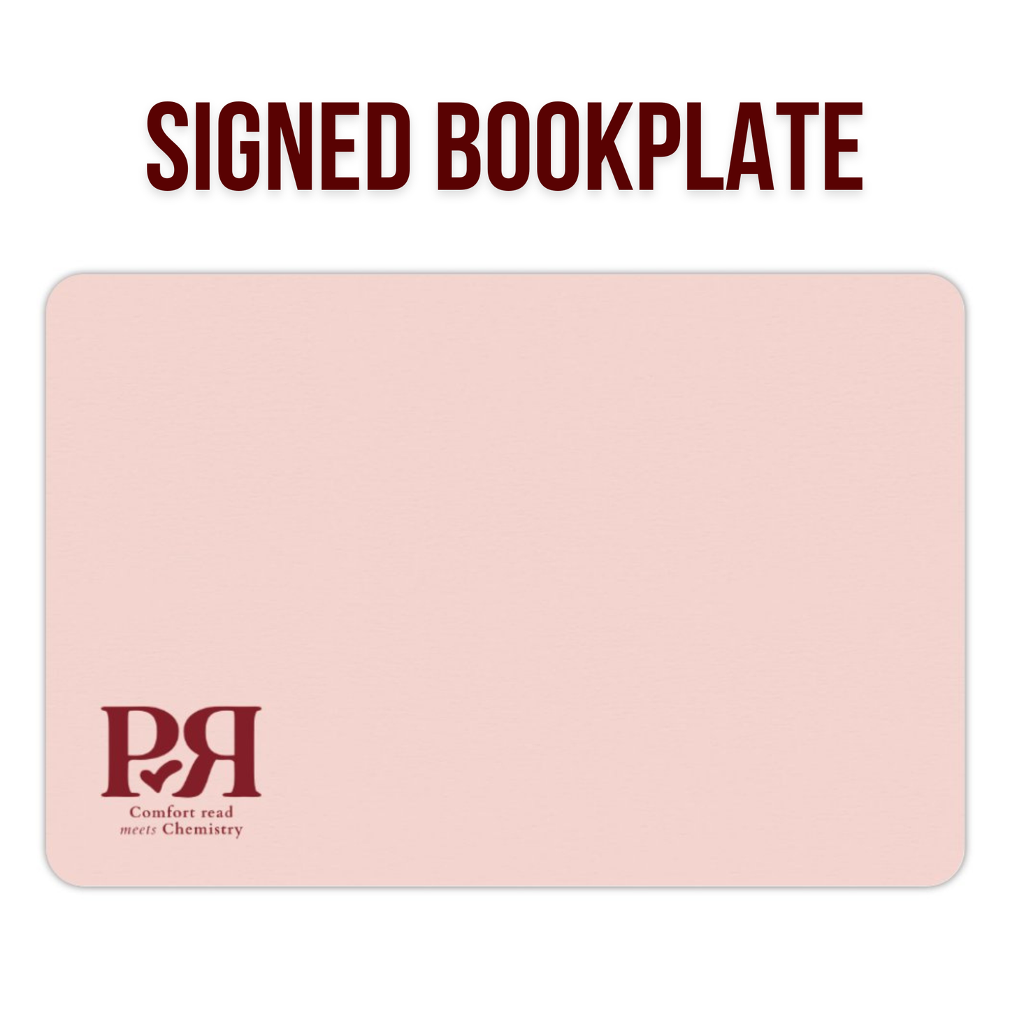 Pink bookplate with a logo and text on a white background