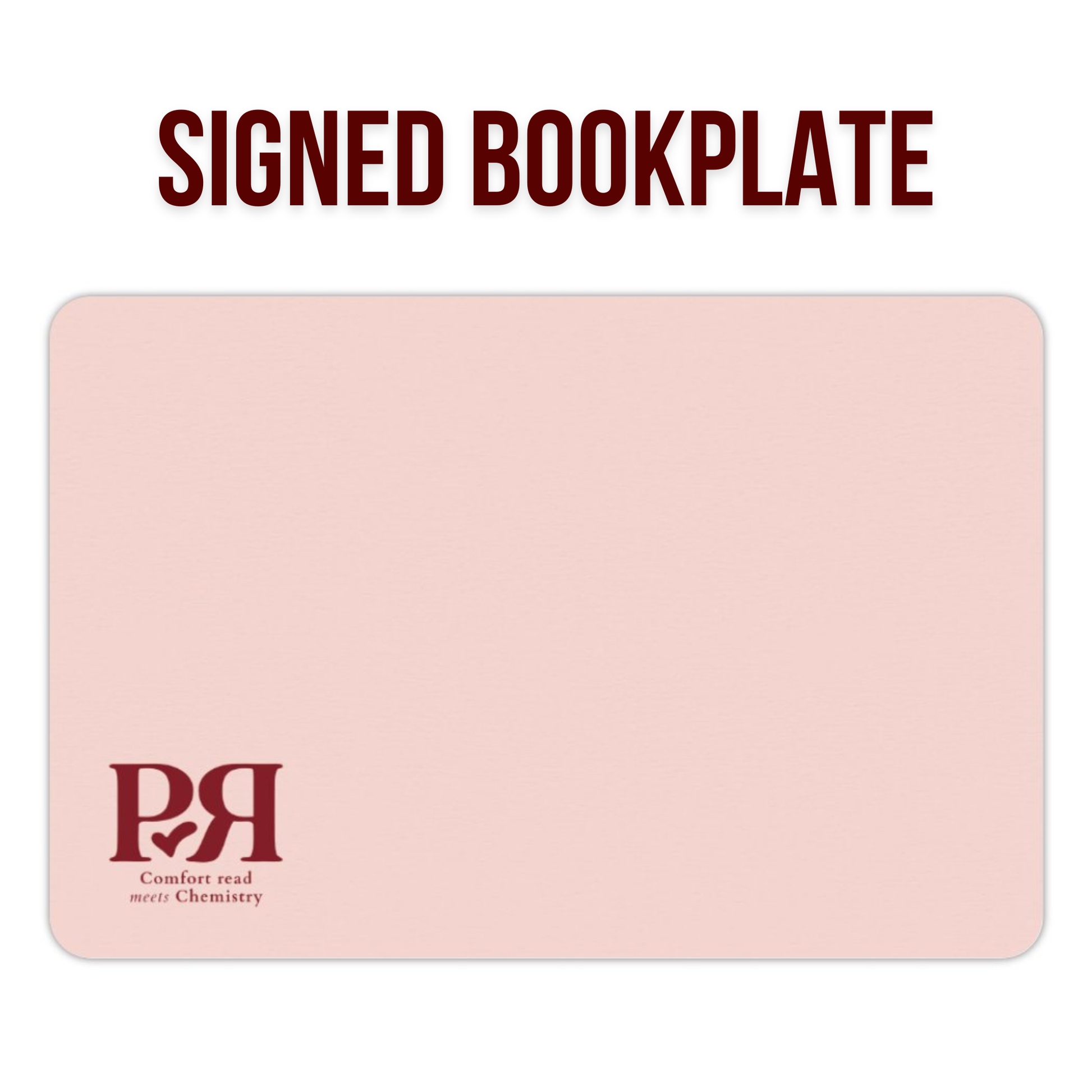 Pink bookplate with a logo and text on a white background